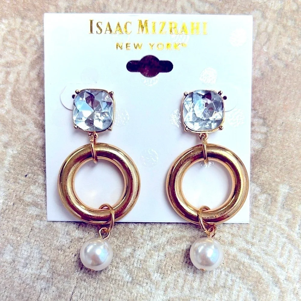 Brand New Isaac Mizrahi Large Rhinestone Gold Tone Round Faux Pearl Drop Earring